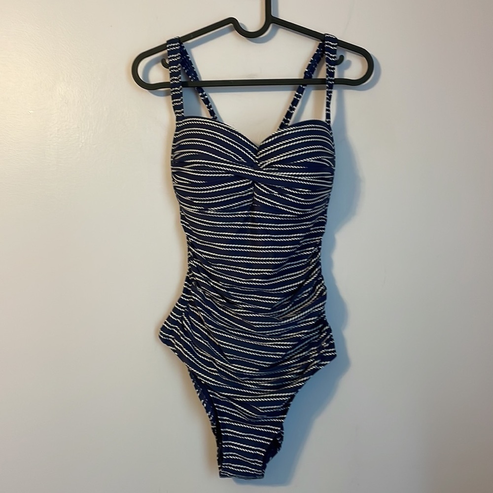 Niptuck Swim Navy Rope Design Nautical Theme Ruched Cross Back Swimsuit size 10